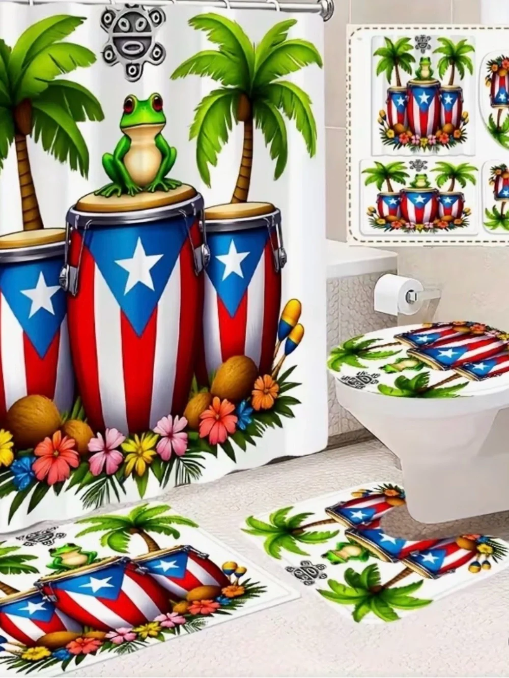 Patriotic Tropical Drum Shower Curtain and Bath Set - Green